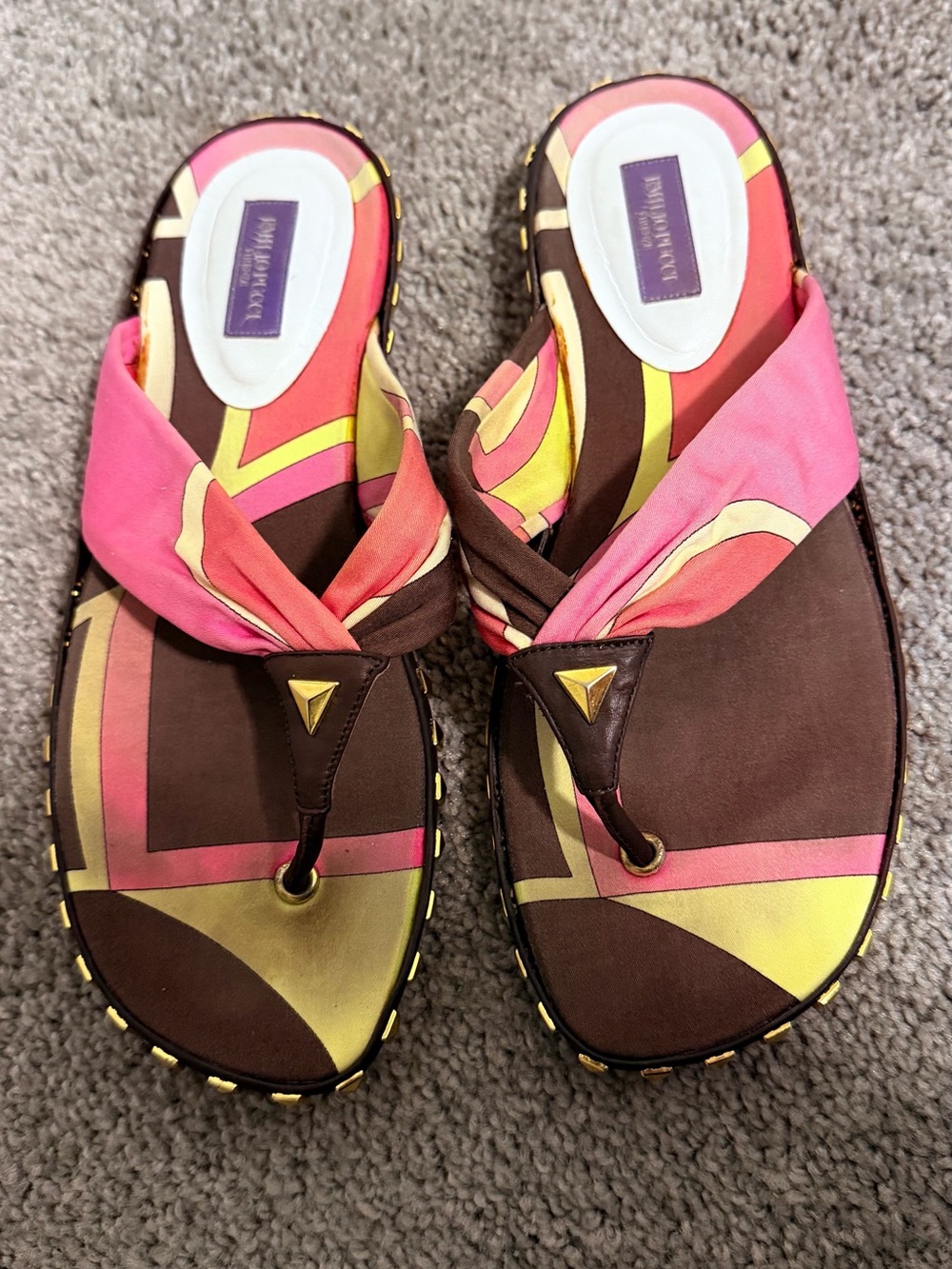 Emilio Pucci Pink, Brown & Yellow Patterned Silk-Trim Slide Sandals